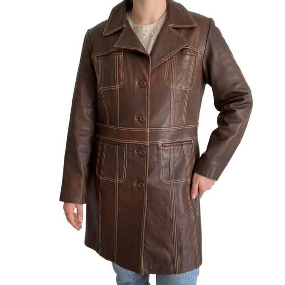 Vintage 90s Womens Wilsons Leather Brown Retro Mid Length Mid Mod Jacket Sz M - Picture 4 of 11